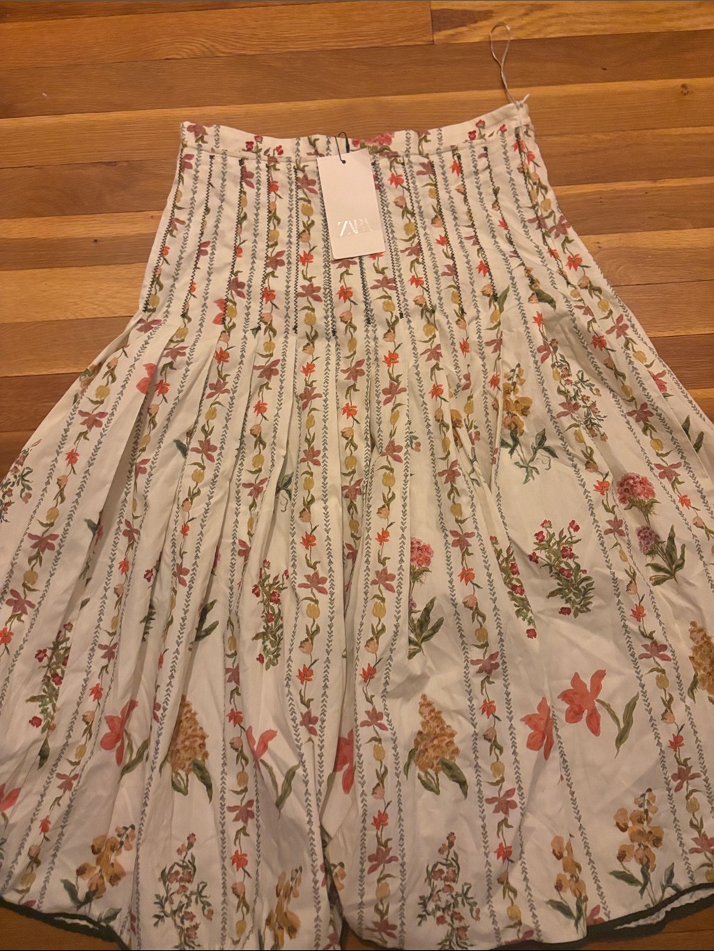 NWT Zara Cream Midi Skirt with Pink, Orange and Green Floral Stripes